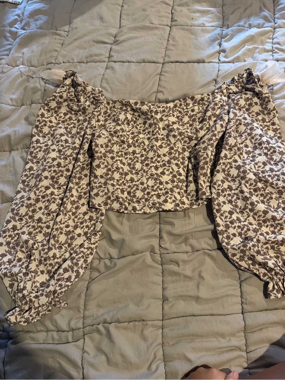Astr Cream Floral Off-Shoulder Puff Sleeve Crop Top